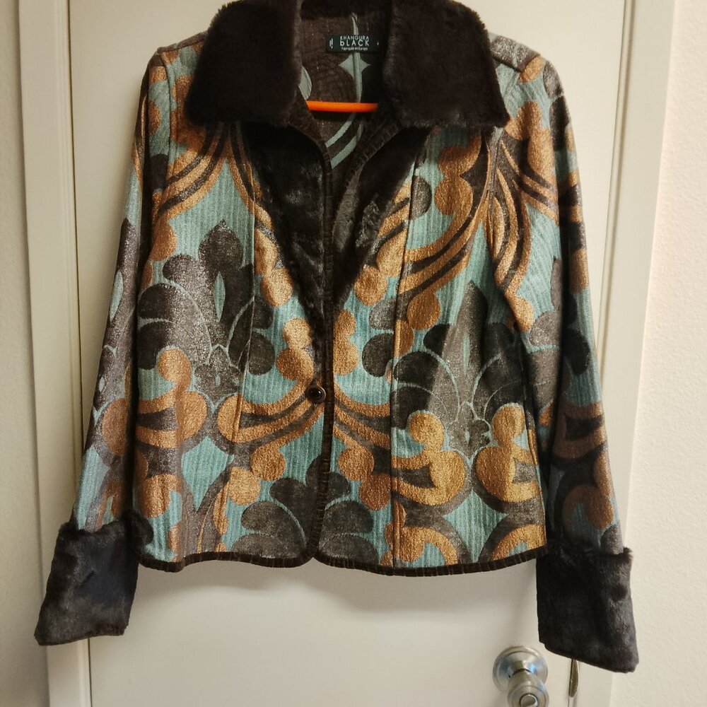 Women's Khangura Black Retro Tapestry Jacket with Faux Brown Fur Size Medium